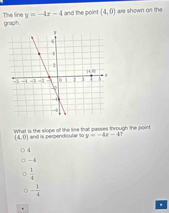 The line y=-4x-4 and the point (4,0) are shown on the
graph.
What is the slope of the line that passes through the point
(4,0) and is perpendicular to y=-4x-4 ?
4
-4
 1/4 
- 1/4 