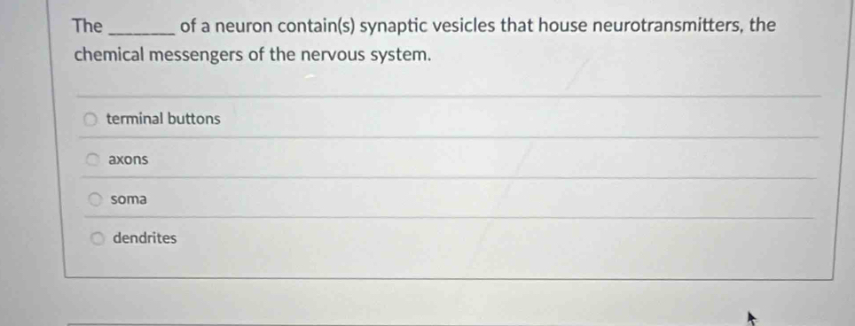 The _of a neuron contain(s) synaptic vesicles that house neurotransmitters, the
chemical messengers of the nervous system.
terminal buttons
axons
soma
dendrites