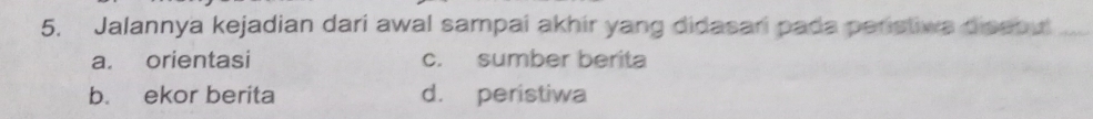 Jalannya kejadian dari awal sampai akhir yang didasari pada peristiws diseou
a. orientasi c. sumber berita
b. ekor berita d. peristiwa