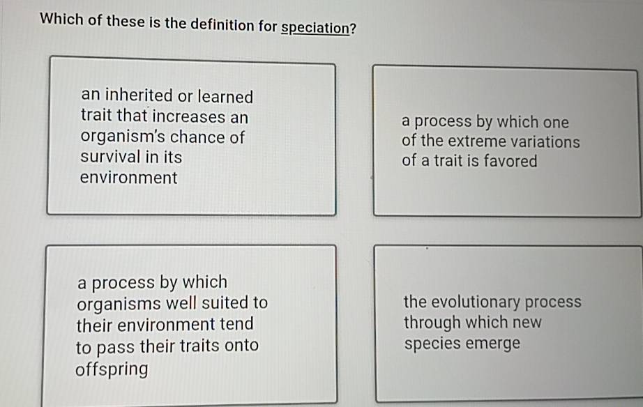 Solved: Which of these is the definition for speciation? an inherited ...
