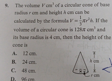 Solved: The volume Vcm^3 of a circular cone of base radius r cm and ...