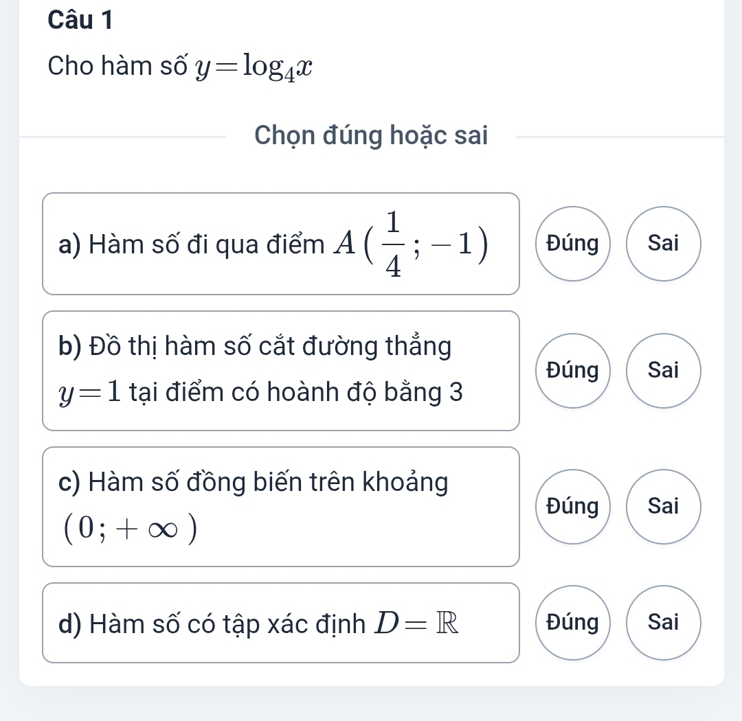 Cho hàm số y=log _4x
Chọn đúng hoặc sai
a) Hàm số đi qua điểm A( 1/4 ;-1) Đúng Sai
b) Đồ thị hàm số cắt đường thẳng
Đúng Sai
y=1 tại điểm có hoành độ bằng 3
c) Hàm số đồng biến trên khoảng
Đúng Sai
(0;+∈fty )
d) Hàm số có tập xác định D=R Đúng Sai