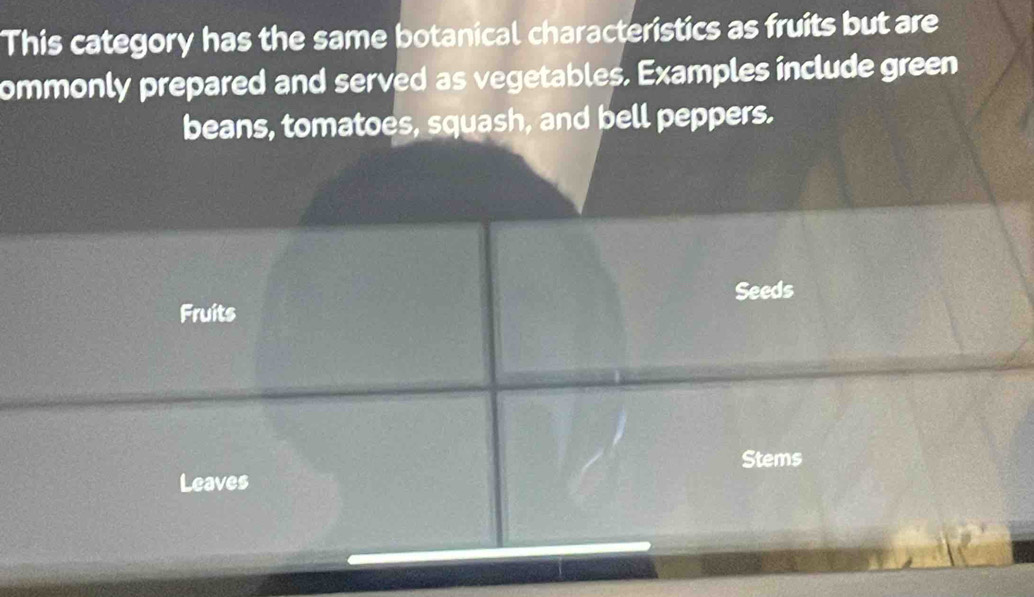 This category has the same botanical characteristics as fruits but are 
ommonly prepared and served as vegetables, Examples include green 
beans, tomatoes, squash, and bell peppers. 
Seeds 
Fruits 
Stems 
Leaves