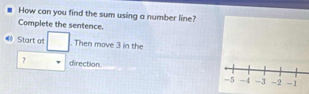 How can you find the sum using a number line? 
Complete the sentence. 
Start at □. Then move 3 in the 
? direction.