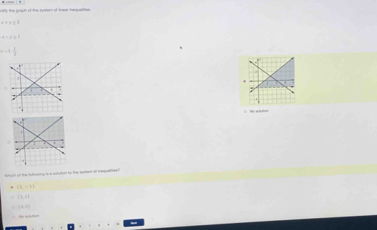 nsity the graph of the system of linear inegualities.
x+y≤ 3
x-y≥ 1
-1 1/2 
No solution
Which of the following is a solution to the system of inequalities?
(2,-1)
(2,1)
(0,0)
Ne solution