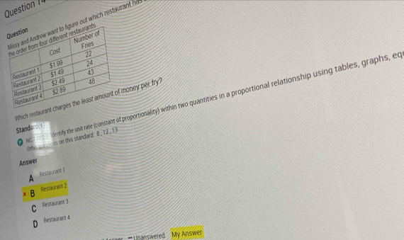 out which restaur t 
wo n h dentify the unit rate (constant o proportionality) within two quantities in a proportional relationship using tables, graphs, er
Which restauraoney per try?
Standard(s)
Other quesorns on this standard 8, 12, 13
Answer
A Restaurant 1
Restauram 2
x B
C Réstaurant 3
D Restaurant 4
Unanswered My Answer