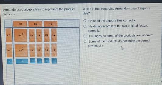 Solved: Armando used algebra tiles to represent the product Which is ...
