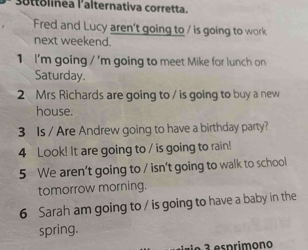 Sottolínea l'alternativa corretta. 
Fred and Lucy aren't going to / is going to work 
next weekend. 
1I'm going / 'm going to meet Mike for lunch on 
Saturday. 
2 Mrs Richards are going to / is going to buy a new 
house. 
3 Is / Are Andrew going to have a birthday party? 
4 Look! It are going to / is going to rain! 
5 We aren’t going to / isn't going to walk to school 
tomorrow morning. 
6 Sarah am going to / is going to have a baby in the 
spring. 
e 3 e s primono