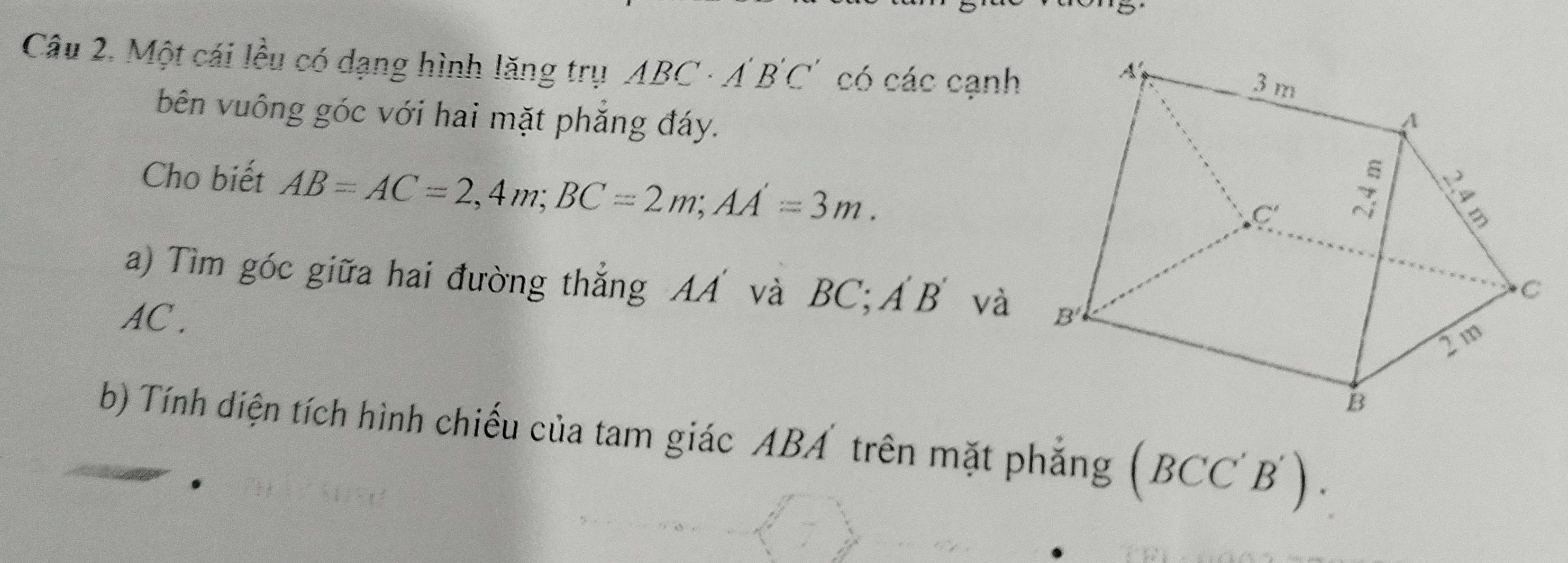 Câu 2, Một cái lều có dạng hình lăng trụ ABC - A'B'C' có các cạnh
bên vuông góc với hai mặt phẳng đáy.
Cho biết AB=AC=2,4m;BC=2m;AA'=3m.
a) Tìm góc giữa hai đường thắng AA và BC; A'B' và
AC . 
b) Tính diện tích hình chiếu của tam giác ABA trên mặt phẳng (BCC'B) .