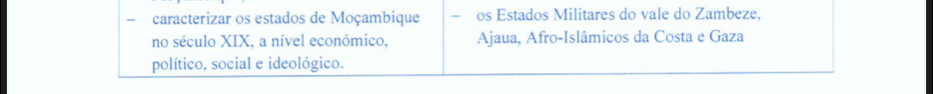 caracterizar os estados de Moçambique os Estados Militares do vale do Zambeze, 
no século XIX, a nível económico, Ajaua, Afro-Islâmicos da Costa e Gaza 
político, social e ideológico.