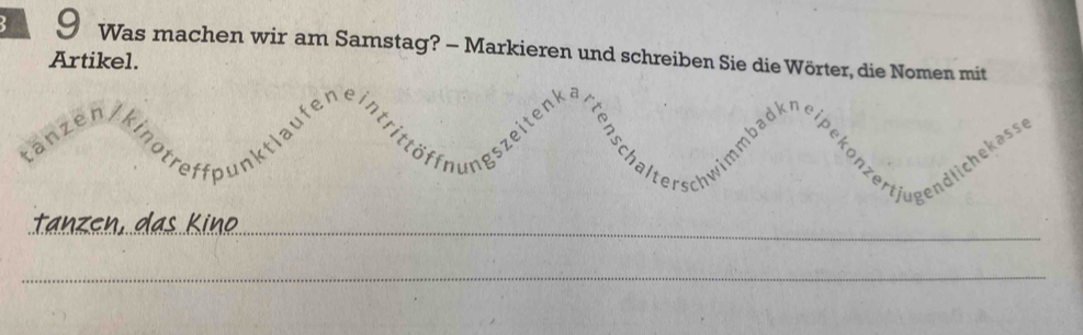 Was machen wir am Samstag? - Markieren und schreiben Sie die Wörter, die Nomen mit 
Artikel. 
_ 
_