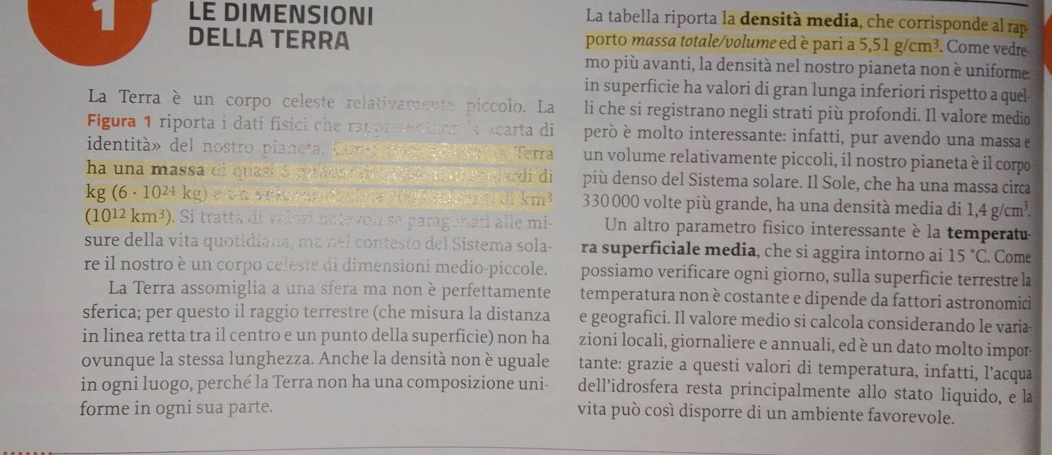 LE DIMENSION! La tabella riporta la densità media, che corrisponde al rap
1 DELLA TERRA
porto massa totale/volume ed è pari a 5,51g/cm^3. Come vedre
mo più avanti, la densità nel nostro pianeta non è uniforme:
in superficie ha valori di gran lunga inferiori rispetto a quel
La Terra è un corpo celeste relativamente piccolo. La li che si registrano negli strati più profondi. Il valore medio
Figura 1 riporta i dati fisici che rappresentann le «carta di però è molto interessante: infatti, pur avendo una massa e
identità» del nostro pianeta. Con poce  a ora Terra un volume relativamente piccoli, il nostro pianeta è il corpo
ha una massa di quasi à mieaon  m dia dad sava di di più denso del Sistema solare. Il Sole, che ha una massa circa
kg (6 · 10²4 kg) e um veit ena of dana 1000 falardl 31 km² 330 000 volte più grande, ha una densità media di 1,4g/cm^3.
(10^(12)km^3). Si tratta di valorí notavolí se paragonati alle mi- Un altro parametro fisico interessante è la temperatu
sure della vita quotidiana, ma nel contesto del Sistema sola- ra superficiale media, che si aggira intorno ai 15°C.. Come
re il nostro è un corpo celeste di dimensioni medio-piccole. possiamo verificare ogni giorno, sulla superficie terrestre la
La Terra assomiglia a una sfera ma non è perfettamente temperatura non è costante e dipende da fattori astronomici
sferica; per questo il raggio terrestre (che misura la distanza e geografici. Il valore medio si calcola considerando le varia
in linea retta tra il centro e un punto della superficie) non ha zioni locali, giornaliere e annuali, ed è un dato molto impor-
ovunque la stessa lunghezza. Anche la densità non è uguale tante: grazie a questi valori di temperatura, infatti, l’acqua
in ogni luogo, perché la Terra non ha una composizione uni- dell’idrosfera resta principalmente allo stato liquido, e la
forme in ogni sua parte.
vita può così disporre di un ambiente favorevole.