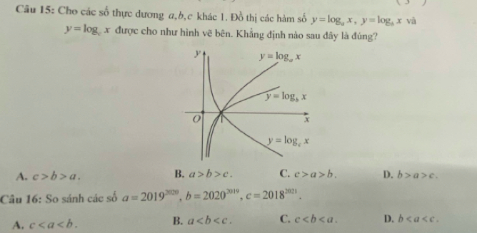 Cho các số thực dương a,b,c khác 1. Đồ thị các hàm số y=log _ax,y=log _bx và
y=log _cx được cho như hình vẽ bên. Khẳng định nào sau dây là đúng?
A. c>b>a. B. a>b>c. C. c>a>b. D. b>a>c.
Câu 16: So sánh các số a=2019^(2020),b=2020^(2019),c=2018^(2021).
A. c B. a C. c D. b