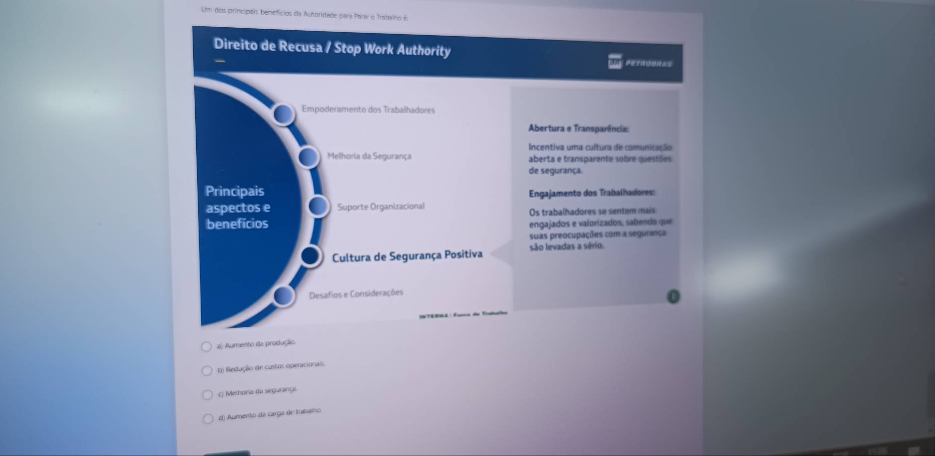 Um dos principais benefícios da Autoridade para Parar o Trabalho é:
Direito de Recusa / Stop Work Authority
Empoderamento dos Trabalhadores
Abertura e Transparência:
Incentiva uma cultura de comunicação
Melhoria da Segurança aberta e transparente sobre questões
de segurança.
Principais Engajamento dos Trabalhadores:
aspectos e Suporte Organizacional
Os trabalhadores se sentem mais
benefícios engajados e valorizados, sabendo que
suas preocupações com a segurança
Cultura de Segurança Positiva são levadas a sério.
Desafios e Considerações
a) Aumento da produção
b) Redução de custos operacionais.
c) Melhoria da segurança
d) Aumento da carga de trabaího