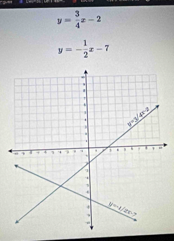 guse
y= 3/4 x-2
y=- 1/2 x-7