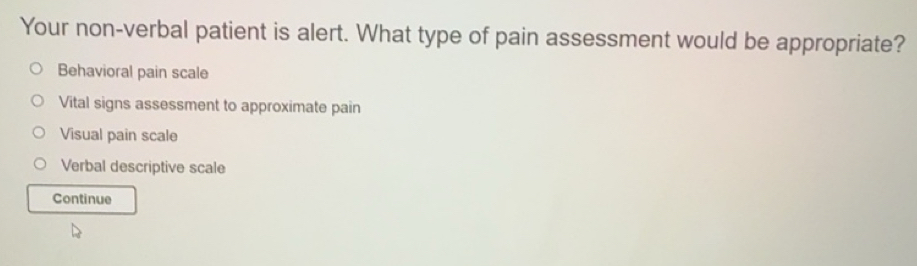 Solved: Your non-verbal patient is alert. What type of pain assessment ...