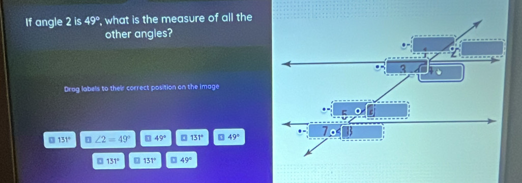 If angle 2 is 49° , what is the measure of all the
other angles?
Drag labels to their correct position on the image
0 131° ∠ 2=49° 49° 0 131° 49°
n 131° 0 131° 49°