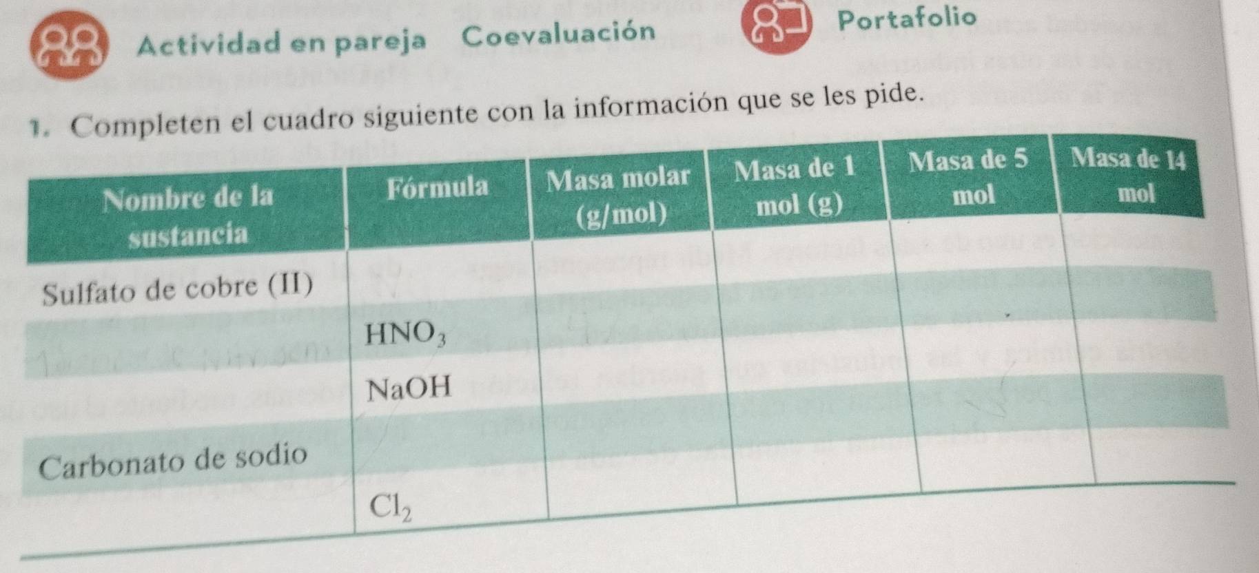 Actividad en pareja Coevaluación
Portafolio
iente con la información que se les pide.