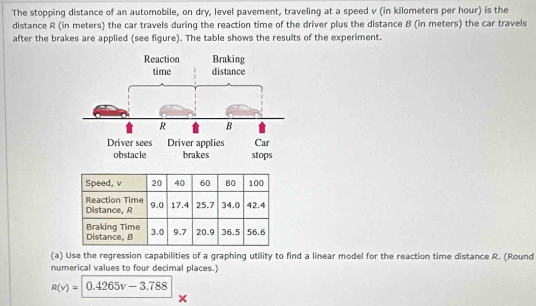 The stopping distance of an automobile, on dry, level pavement, traveling at a speed v (in kilometers per hour) is the 
distance R (in meters) the car travels during the reaction time of the driver plus the distance B (in meters) the car travels 
after the brakes are applied (see figure). The table shows the results of the experiment. 
(a) Use the regression capabilities of a graphing utility to find a linear model for the reaction time distance R. (Round 
numerical values to four decimal places.)
R(v)=|0.4265v-3.788