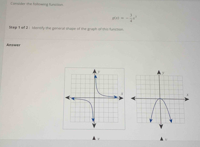 Consider the following function.
g(x)=- 3/4 x^3
Step 1 of 2 : Identify the general shape of the graph of this function. 
Answer 
ν 
V