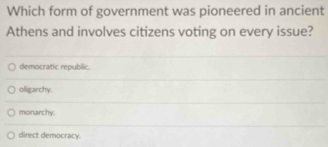 Which form of government was pioneered in ancient
Athens and involves citizens voting on every issue?
democratic republic.
oligarchy.
monarchy.
direct democracy.