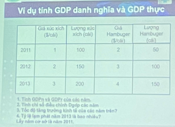 Ví dụ tính GDP danh nghĩa và GDP thực 
1. Tính GDPn và GDPr của các năm. 
2. Tĩnh chỉ số điều chỉnh Dgdp các năm 
3. Tốc độ tăng trường kinh tế của các năm trên? 
4. Tỷ lộ lạm phát năm 2013 là bao nhiều? 
Lây năm cơ sở là năm 2011.