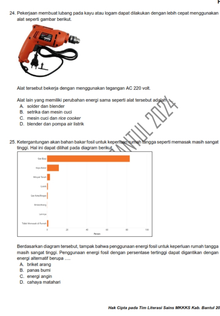 Pekerjaan membuat lubang pada kayu atau logam dapat dilakukan dengan lebih cepat menggunakan
alat seperti gambar berikut.
Alat tersebut bekerja dengan menggunakan tegangan AC 220 volt.
Alat lain yang memiliki perubahan energi sama seperti alat tersebut adalah
A. solder dan blender
B. setrika dan mesin cuci
C. mesin cuci dan rice cooker
D. blender dan pompa air listrik
25. Ketergantungan akan bahan bakar fosil untuk keperluan rumah tangga seperti memasak masih sangat
tinggi. Hal ini dapat dilihat pada diagram berikut
Berdasarkan diagram tersebut, tampak bahwa penggunaan energi fosil untuk keperluan rumah tangga
masih sangat tinggi. Penggunaan energi fosil dengan persentase tertinggi dapat digantikan dengan
energi alternatif berupa ....
A. briket arang
B. panas bumi
C. energi angin
D. cahaya matahari
Hak Cipta pada Tim Literasi Sains MKKKS Kab. Bantul 20