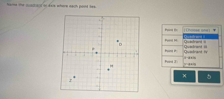 Name the guadrant or axis where each point lies.
Point D : (Choose one)
Quadrant I
Point M : Quadrant II
Quadrant III
Point P : Quadrant IV
x-axis
Point Z :
y-axis
×