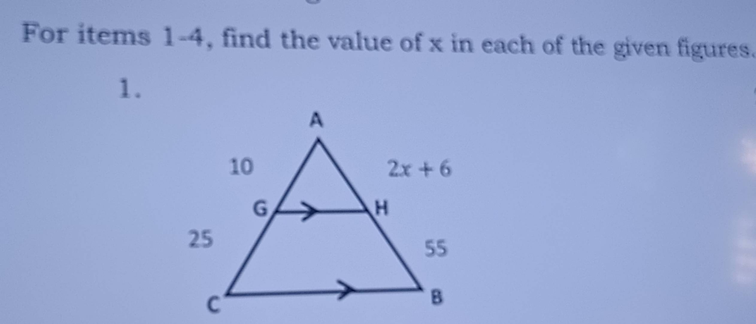 For items 1-4, find the value of x in each of the given figures.
1.