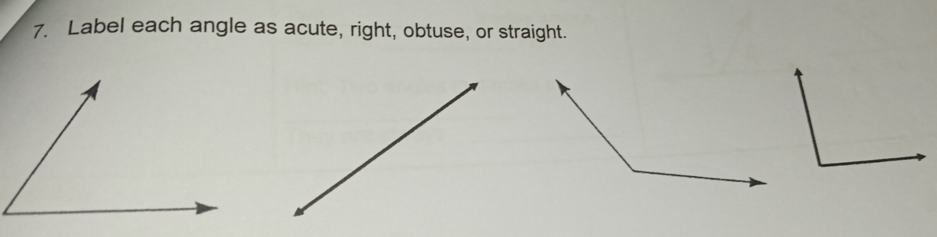 Label each angle as acute, right, obtuse, or straight.