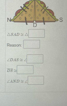 △ SAD≌ △ □
Reason: □
∠ DAS≌ ∠ □
overline DS≌ □
∠ AND≌ ∠ □