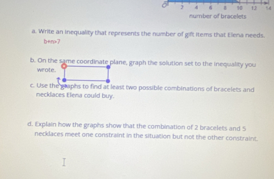 2 4 6 8 10 12 14 
number of bracelets 
a. Write an inequality that represents the number of gift items that Elena needs.
b+n>7
b. On the same coordinate plane, graph the solution set to the inequality you 
wrote. 
c. Use the graphs to find at least two possible combinations of bracelets and 
necklaces Elena could buy. 
d. Explain how the graphs show that the combination of 2 bracelets and 5
necklaces meet one constraint in the situation but not the other constraint.