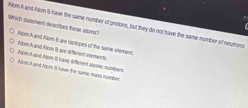Solved: Which statement describes these atoms? Alom A and Atom B have ...