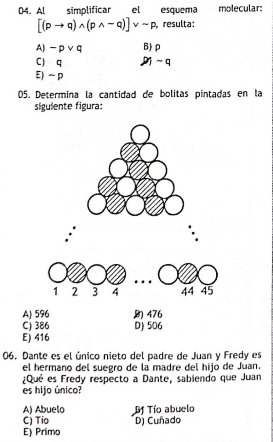 Al simplificar el esquema molecular:
[(pto q)wedge (pwedge sim q)]vee sim p , resulta:
A) sim pvee q B) p
C q ~q
E) ~ p
05. Determina la cantidad de bolitas pintadas en la
siguiente figura:
A)
C)
E) 416
06. Dante es el único nieto del padre de Juan y Fredy es
el hermano del suegro de la madre del hijo de Juan.
¿Qué es Fredy respecto a Dante, sabiendo que Juan
es hijo único?
A) Abuelo Bí Tío abuelo
C) Tío D) Cuñado
E) Primo