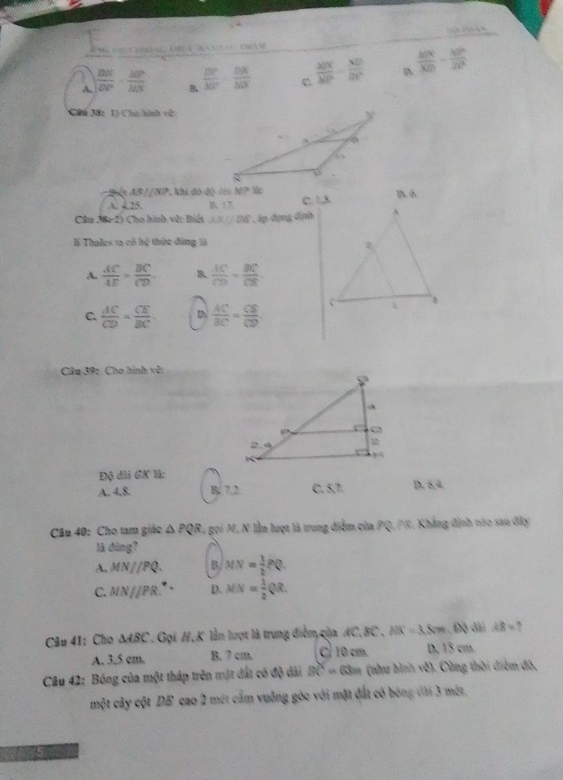 (    5
A.  DM/DP = MP/MN 
B.  BP/MP   DX/MX 
C  200°/MP = ND/DP   MN/|NQ| =frac |x|^2|y|^2
Cú 38: 1) Chú hính về
Piệc AB //NP, khi đó độ /ài MP hác B. 6
A. 4.25. B、17. c. 1.3
Cầu 38r 2) Cho hình vớ: Biế // Dể  , áp dựng định
là Thales ta có hệ thức đùng là
A.  AC/AE = BC/CD  B.  AC/CD = BC/CB 
C.  AC/CD = CE/BC  D.  AC/BC = CB/CD 
Câu 39: Cho hình vệ:
Độ dài GK là:
A. 4,8. B. 7,2. C. 5,7. D. 6,4
Câu 40: Cho tam giác △ PQR L. gọi M, N lầm lượt là trung điểm của PQ, PR. Khẳng định nào sưu đây
là dùng?
A. MN//PQ. B. MN= 1/2 PQ.
C. MNparallel PR D. MN= 1/2 QR.
Câu 41: Cho △ ABC * Gọi H, K lần lượt là trung điễm của AC,BC , NK=3.Sw.DI d AB=?
A. 3,5 cm. B. 7 cm. CÍ 10 cm. D. 15 cm
Câu 42: Bóng của một tháp trên mật đất có độ dài BC=63m (như hình vệ). Cùng thời điểm đô,
một cây cột DE cao 2 mét cầm vuông góc với mặt đất có bóng đài 3 một.