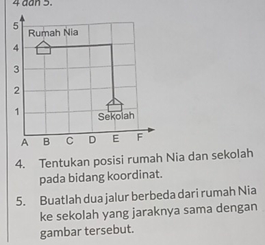 4 dan 3.
5
Rumah Nia
4
3
2
1
Sekolah
A B C D E F
4. Tentukan posisi rumah Nia dan sekolah 
pada bidang koordinat. 
5. Buatlah dua jalur berbeda dari rumah Nia 
ke sekolah yang jaraknya sama dengan 
gambar tersebut.