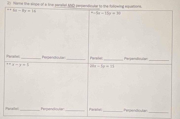 Name the slope of a line parallel AND perpen