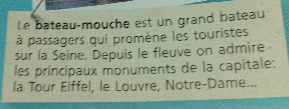 Le bateau-mouche est un grand bateau 
à passagers qui promène les touristes 
sur la Seine. Depuis le fleuve on admire 
les principaux monuments de la capitale: 
la Tour Eiffel, le Louvre, Notre-Dame...