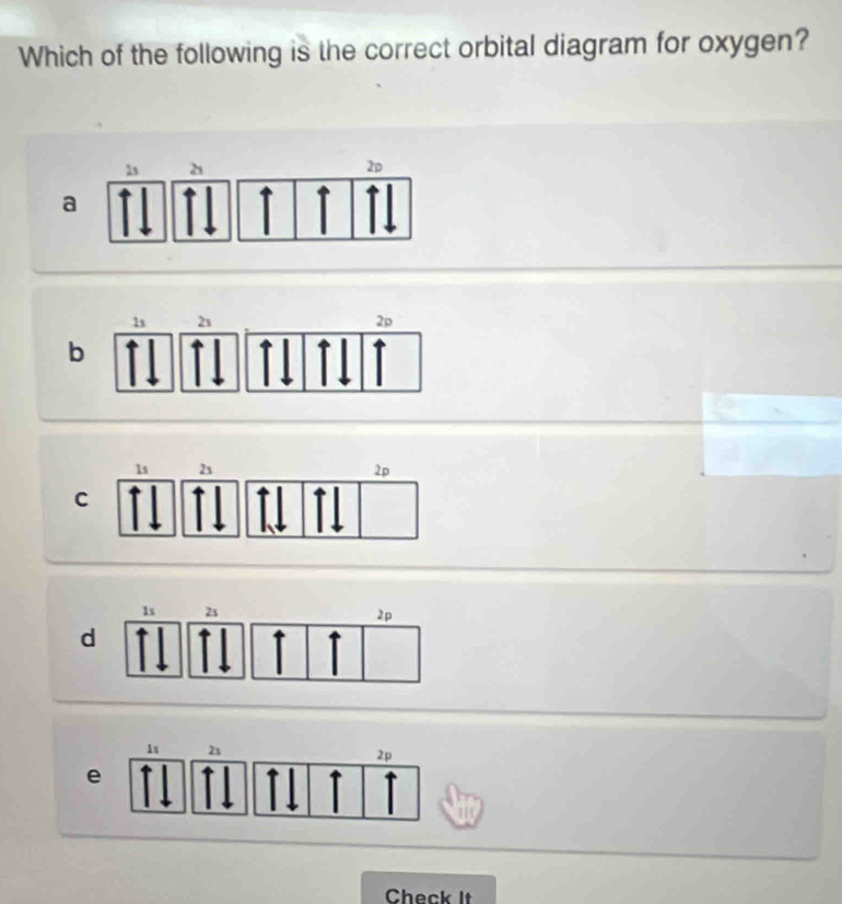 Which of the following is the correct orbital diagram for oxygen?
2 2
2p
a
1s 2s
2p
e 
Check It