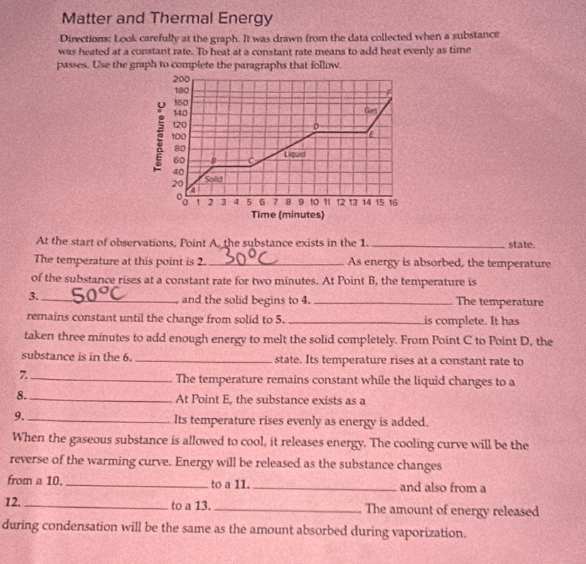 Matter and Thermal Energy 
Directions: Look carefully at the graph. It was drawn from the data collected when a substance 
was heated at a constant rate. To heat at a constant rate means to add heat evenly as time 
passes. Use the graph to complete the paragraphs that follow 
At the start of observations, Point A, the substance exists in the 1._ state. 
The temperature at this point is 2. _As energy is absorbed, the temperature 
of the substance rises at a constant rate for two minutes. At Point B, the temperature is 
3. __The temperature 
, and the solid begins to 4. 
remains constant until the change from solid to 5. _is complete. It has 
taken three minutes to add enough energy to melt the solid completely. From Point C to Point D, the 
substance is in the 6._ state. Its temperature rises at a constant rate to 
7._ 
The temperature remains constant while the liquid changes to a 
8._ At Point E, the substance exists as a 
9._ 
Its temperature rises evenly as energy is added. 
When the gaseous substance is allowed to cool, it releases energy. The cooling curve will be the 
reverse of the warming curve. Energy will be released as the substance changes 
from a 10. _to a 11. _and also from a 
12._ to a 13. _The amount of energy released 
during condensation will be the same as the amount absorbed during vaporization.