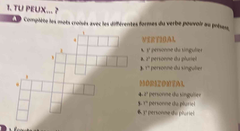 TU PEUX... ? 
Complète les mots croisés avec les différentes formes du verbe pouvoir au présent, 
VERTICAL 
1 3°
personne du singlier
a° personne du pluriel 
3、 1^(Pe) personne du singuler 
HORIZONTAL 
4 2° personne du singlier 
8. 1^(10) personne du plriel 
6、 3° personne du pluriel