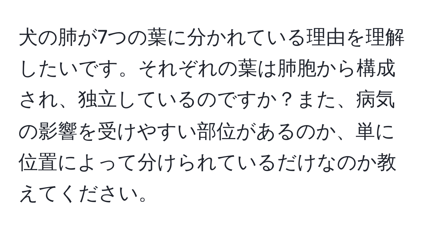 犬の肺が7つの葉に分かれている理由を理解したいです。それぞれの葉は肺胞から構成され、独立しているのですか？また、病気の影響を受けやすい部位があるのか、単に位置によって分けられているだけなのか教えてください。