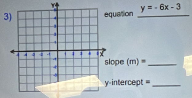 quation _ y=-6x-3
ope (m)= _ 
-intercept =_