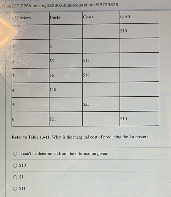 urses/2271928/quizzes/4829028/take/questions/88739836
Refer to Table 13-11. What is the marginal cost of producing the 1st poster?
It can't be determined from the information given.
$10
$1
$11