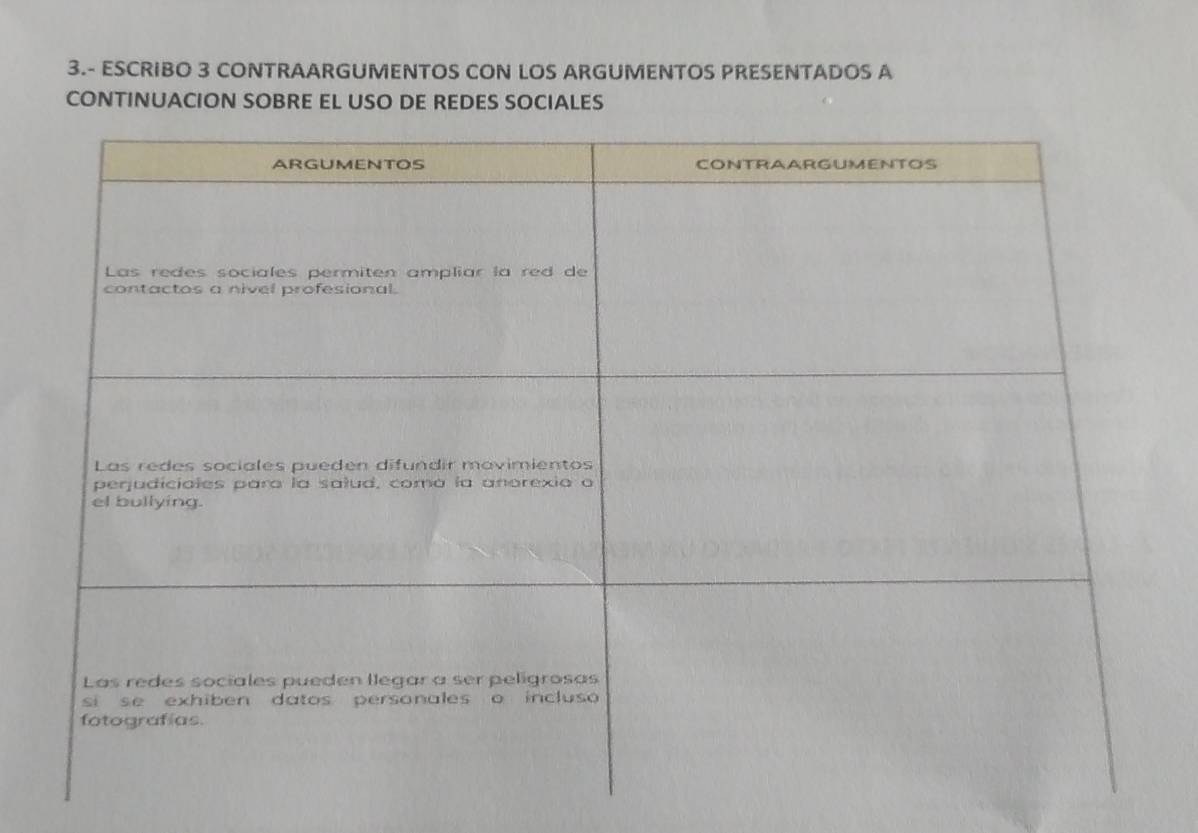 3.- ESCRIBO 3 CONTRAARGUMENTOS CON LOS ARGUMENTOS PRESENTADOS A 
CONTINUACION SOBRE EL USO DE REDES SOCIALES