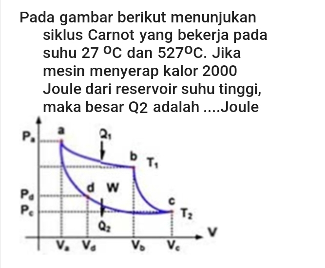 Pada gambar berikut menunjukan 
siklus Carnot yang bekerja pada 
suhu 27°C dan 527°C. Jika 
mesin menyerap kalor 2000
Joule dari reservoir suhu tinggi, 
maka besar Q2 adalah ....Joule
P_a a Q_1
b T_1
P_d d W
C
P_c
T_2
Q_2
v
V_a overline V_d overline V_b overline V_c