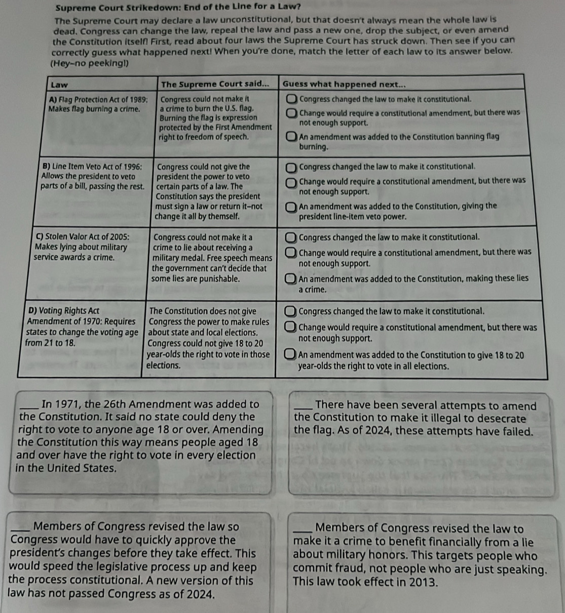 Supreme Court Strikedown: End of the Line for a Law? 
The Supreme Court may declare a law unconstitutional, but that doesn't always mean the whole law is 
dead. Congress can change the law, repeal the law and pass a new one, drop the subject, or even amend 
the Constitution itself! First, read about four laws the Supreme Court has struck down. Then see if you can 
correctly guess what happened next! When you're done, match the letter of each law to its answer below. 
_In 1971, the 26th Amendment was added to _There have been several attempts to amend 
the Constitution. It said no state could deny the the Constitution to make it illegal to desecrate 
right to vote to anyone age 18 or over. Amending the flag. As of 2024, these attempts have failed. 
the Constitution this way means people aged 18
and over have the right to vote in every election 
in the United States. 
_Members of Congress revised the law so _Members of Congress revised the law to 
Congress would have to quickly approve the make it a crime to benefit financially from a lie 
president's changes before they take effect. This about military honors. This targets people who 
would speed the legislative process up and keep commit fraud, not people who are just speaking. 
the process constitutional. A new version of this This law took effect in 2013. 
law has not passed Congress as of 2024.