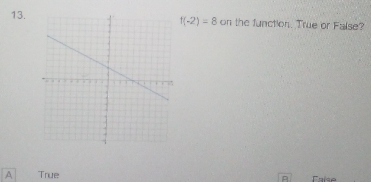 f(-2)=8
13. on the function. True or False?
A True
R False