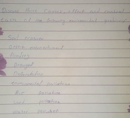 Discass there causes, effect and control
cacu of the following enviceomental problemy
Sail prosidn
Deset encrcacmend
flooding
Droughd
Deforesfafico
envronmental polluting
Air pollution
cand pollation
water pollution