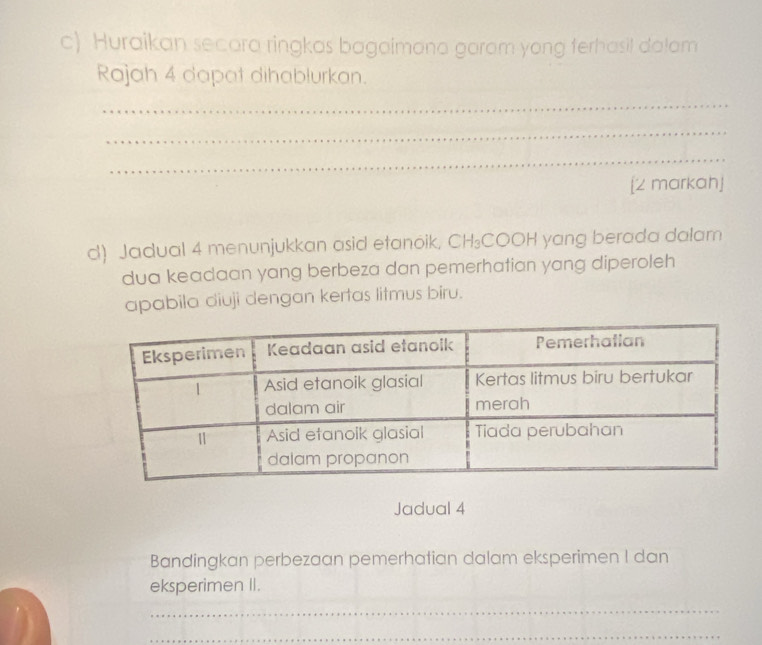 Huraikan secora ringkas bagaimona gorom yong ferhasil dalam 
Rajah 4 dapat dihablurkan. 
_ 
_ 
_ 
[2 markah] 
d) Jadual 4 menunjukkan asid etanoik, CH₃COOH yang berada dalam 
dua keadaan yang berbeza dan pemerhatian yang diperoleh 
apabila diuji dengan kertas litmus biru. 
Jadual 4 
Bandingkan perbezaan pemerhatian dalam eksperimen I dan 
eksperimen II. 
_ 
_